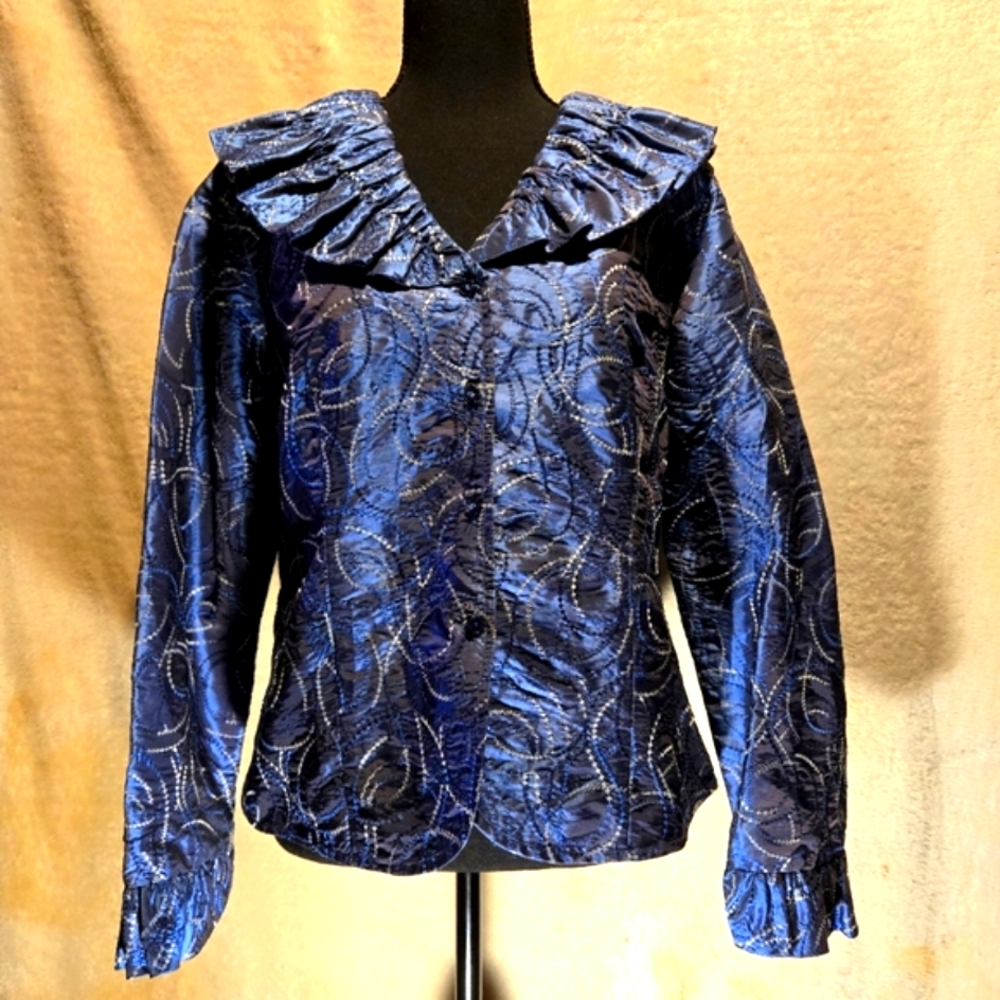 SAMUEL DONG, BLUE & WHITE  EMBROIDERED, RUFFLE BLOUSE